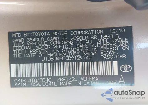 2011 Toyota Corolla Le из США, поврежденный, VIN JTDBU4EE3B9129146